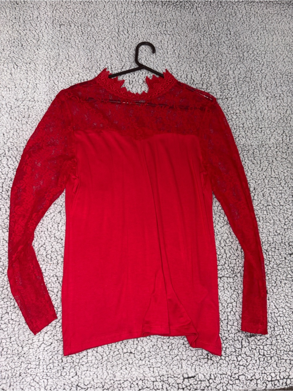 Red Lace Yoke Long-Sleeve Women's Top
